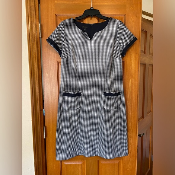 Talbots Dress Womens 12 Navy Blue Houndstooth Plaid Knit Shift Fringe Pockets - Picture 1 of 8